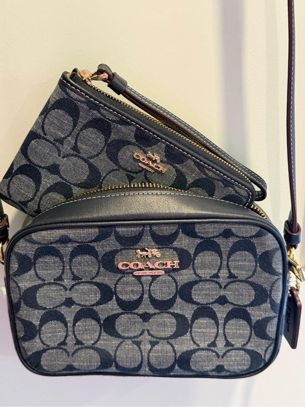 Coach Navy Denim Signature Canvas Camera Crossbody with Matching Wristlet